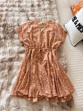Entro Floral Tie-Waist Dress in Rust Orange